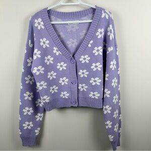 Hollister Cropped Flower Button Sweater Large Lilac Purple